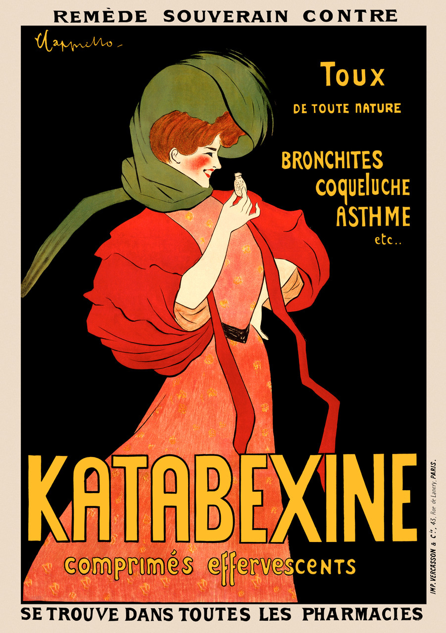 Katabexine Vintage Poster by Leonetto Cappiello Giclee Print . French poster advertising cough medicine features a women in a pink and red dress with a green scarf on her head holding a medicine bottle.