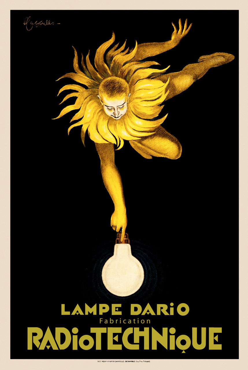 Radiotechnique Lampe Dario poster by Leonetto Cappiello 1925 France - Beautiful Vintage Poster Reproduction. French poster advertising light bulbs features a man personifying the sun reaching down to the bulb. Giclee advertising prints. Classic Posters