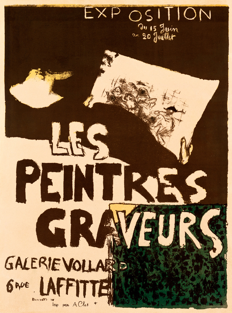 Exposition Les Peintres Graveurs by Pierre Bonnard 1896 France - Vintage Poster Reproduction. French poster features a vague image of a painters or printmakers holding a piece of paper with a green portfolio in the corner. Giclee Advertising Prints. Classic Posters