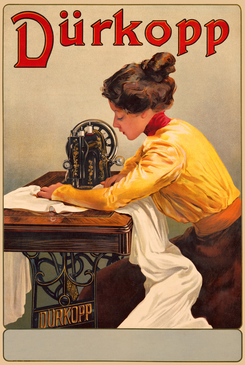 Durkopp Sewing Machine Beautiful Vintage Poster Reproduction. Swiss product poster features a woman in a yellow blouse and brown skirt sitting at a sewing machine with white fabric. Giclee Prints, Classic Posters