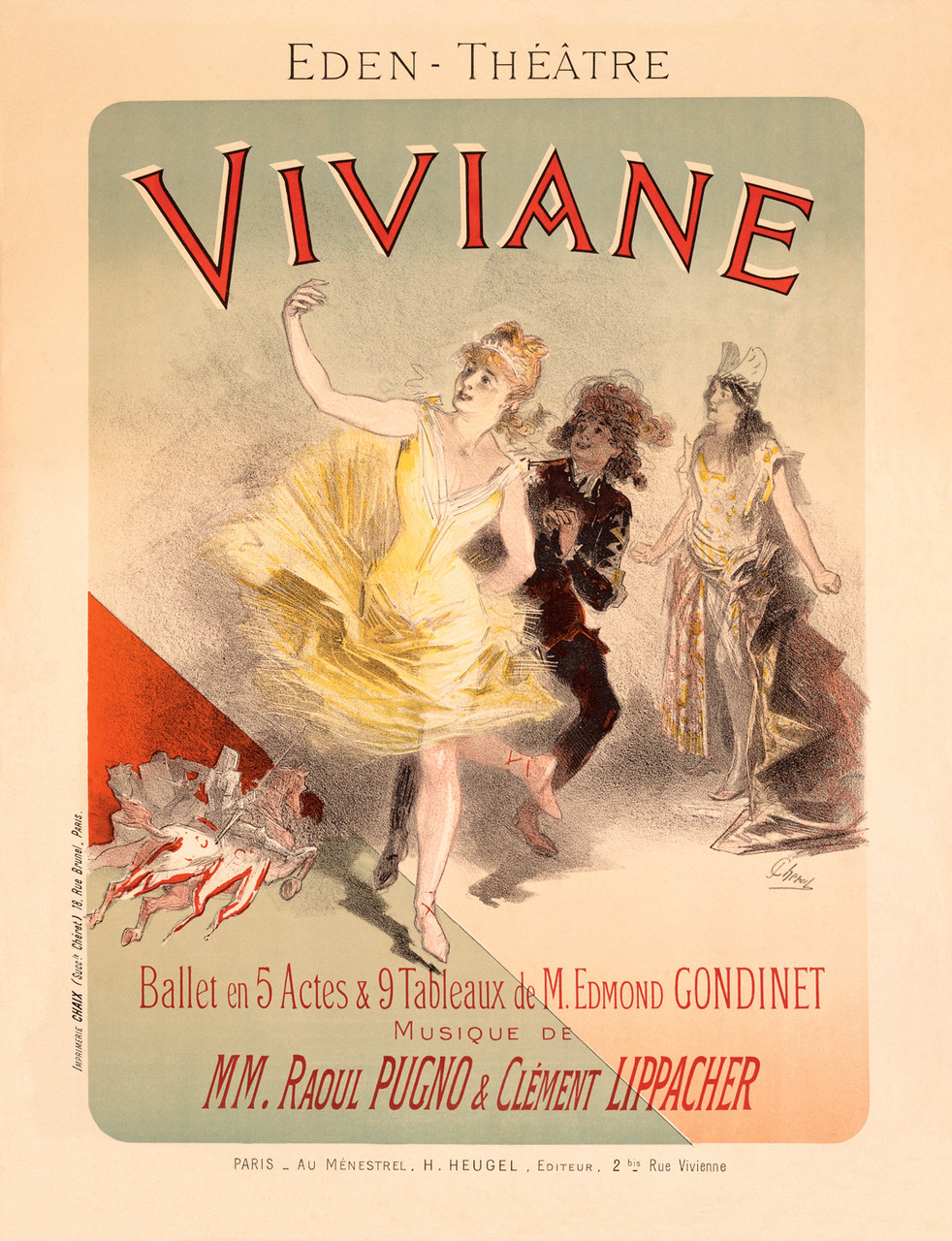 Viviane Ballet poster by Jules Cheret 1888 France - Beautiful Vintage Poster Reproduction. French theater and exhibition poster features a dancer in a yellow dress with another man and woman behind her. Giclee Advertising Prints. Classic Posters