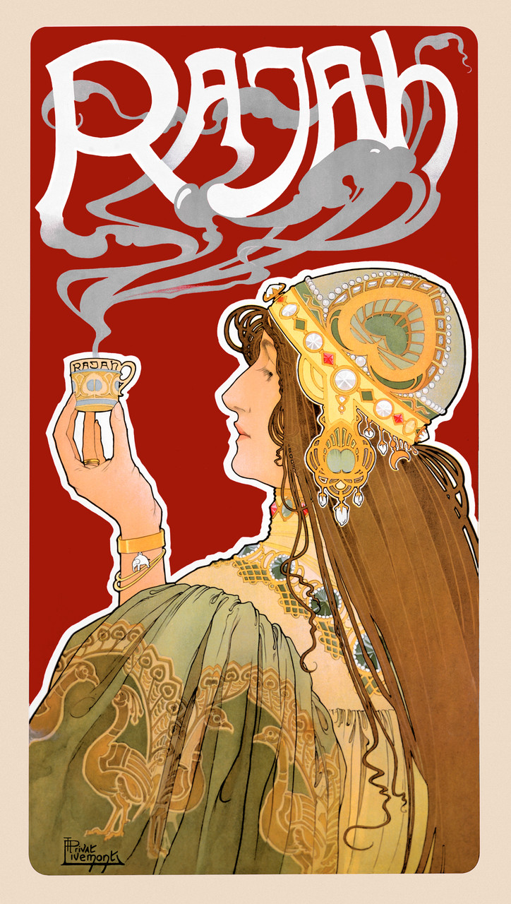 Rajah poster by Privat Livemont 1899 Belgium - Beautiful Vintage Poster Reproduction. This vertical Belgian culinary / food poster features a woman in decorative dress and hat holding up a steaming cup on red background. Giclee Advertising Prints. Classic Posters