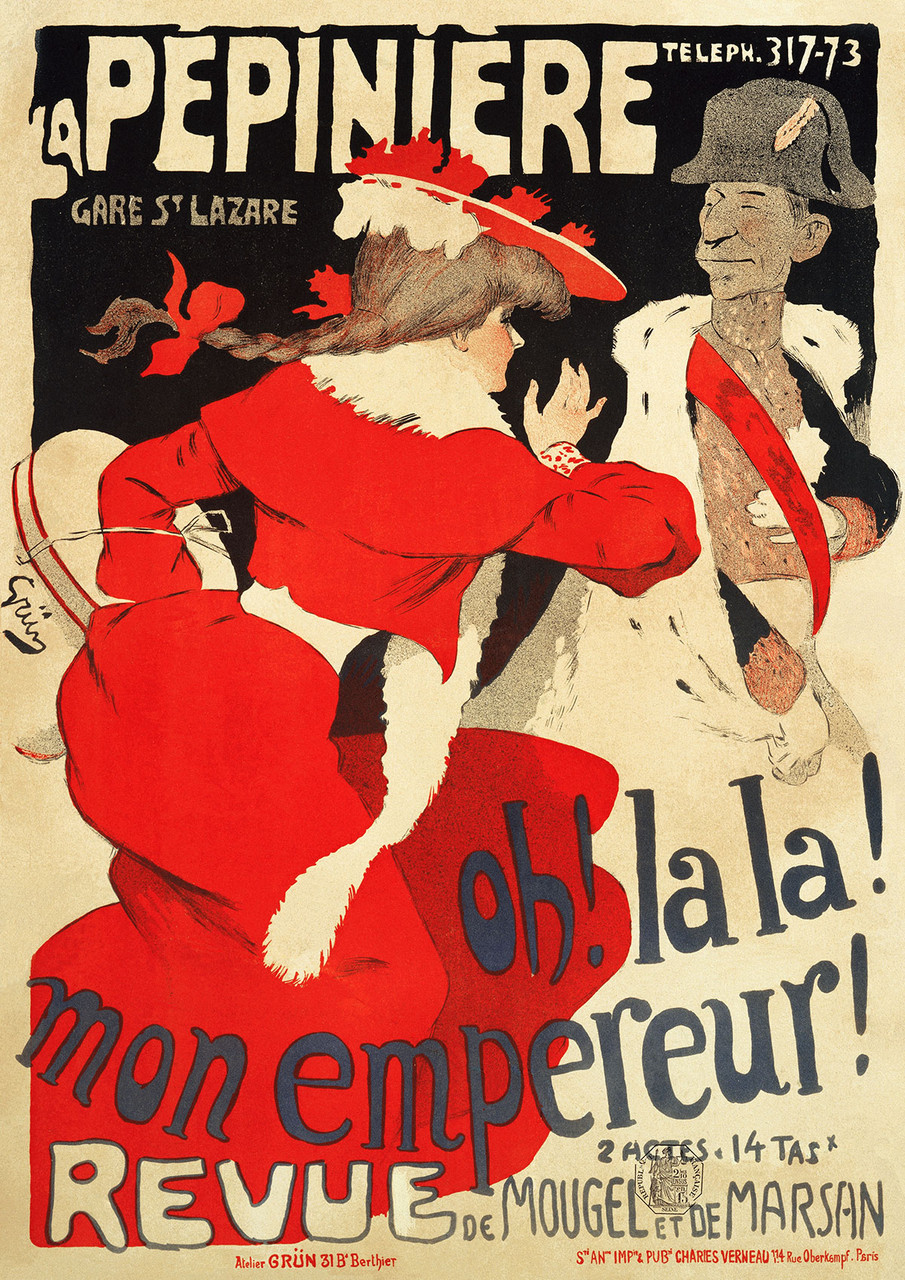 La Pepiniere Vinatge Poster by Jules Alexandre Grun 1900 French Theater Advertisement – High Quality Giclee Reproduction Fine Art Print. Featuring a woman in a red dress, with a white hat, dancing in front of a man in a military uniform, set against a simple background with large bold text.