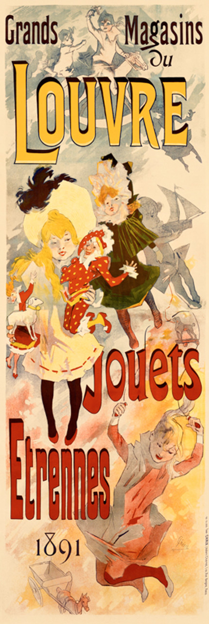 Grand Magasins Du Louvre Jouets Toys Advertisement by Jules Cheret 1891 France Vintage Poster Reproduction. French product poster features children, boys and girls, playing with toys, rocking horse, dolls, boats, jump rope. Giclee Advertising Prints. Classic Posters