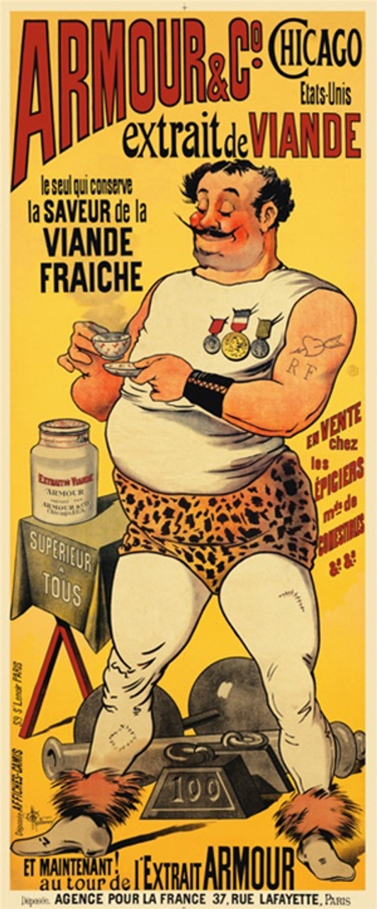 Armour and Co. Chicago poster by Guillaume 1898 France - Beautiful Vintage Poster Reproduction. This vertical French product poster features a weight lifter wearing leopard print shorts holding a small saucer and tea cup on yellow. Giclee Advertising Print. Classic Posters