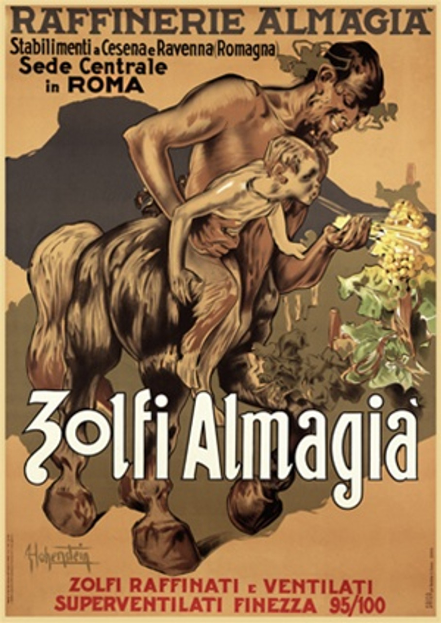 Zolfi Almagia poster by Adolfo Hohenstein 1909 Italy - Beautiful Vintage Poster Reproduction. This vertical Italian product poster features a satyr holding a young boy (half man, half horse) blowing dust on grape vines. Giclee Advertising Print. Classic Posters