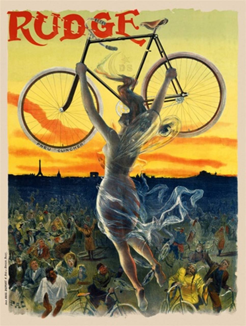 Rudge Cycles Bicycles poster by Pal - Beautiful Vintage Posters Reproduction. French cycles bicycles poster features a nude woman with wings holding up a bicycle at sunset with the eiffel tower on the horizon. Giclee Advertising Prints. Classic Posters