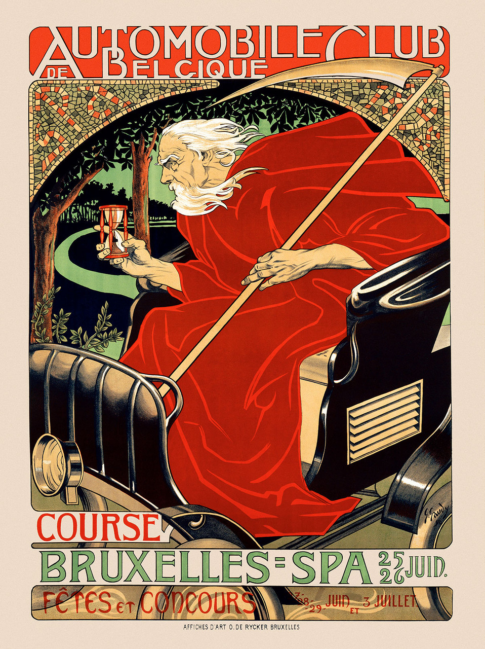 Automobile Club de Belgique Vintage Poster by Georges Gaudy 1898 Belgian Automobile Advertisement – High Quality Giclee Reproduction Fine Art Print. Featuring a mystical figure with a long white beard, holding an hourglass and sickle while seated in a vintage car, set against a vibrant backdrop with trees and a winding road.