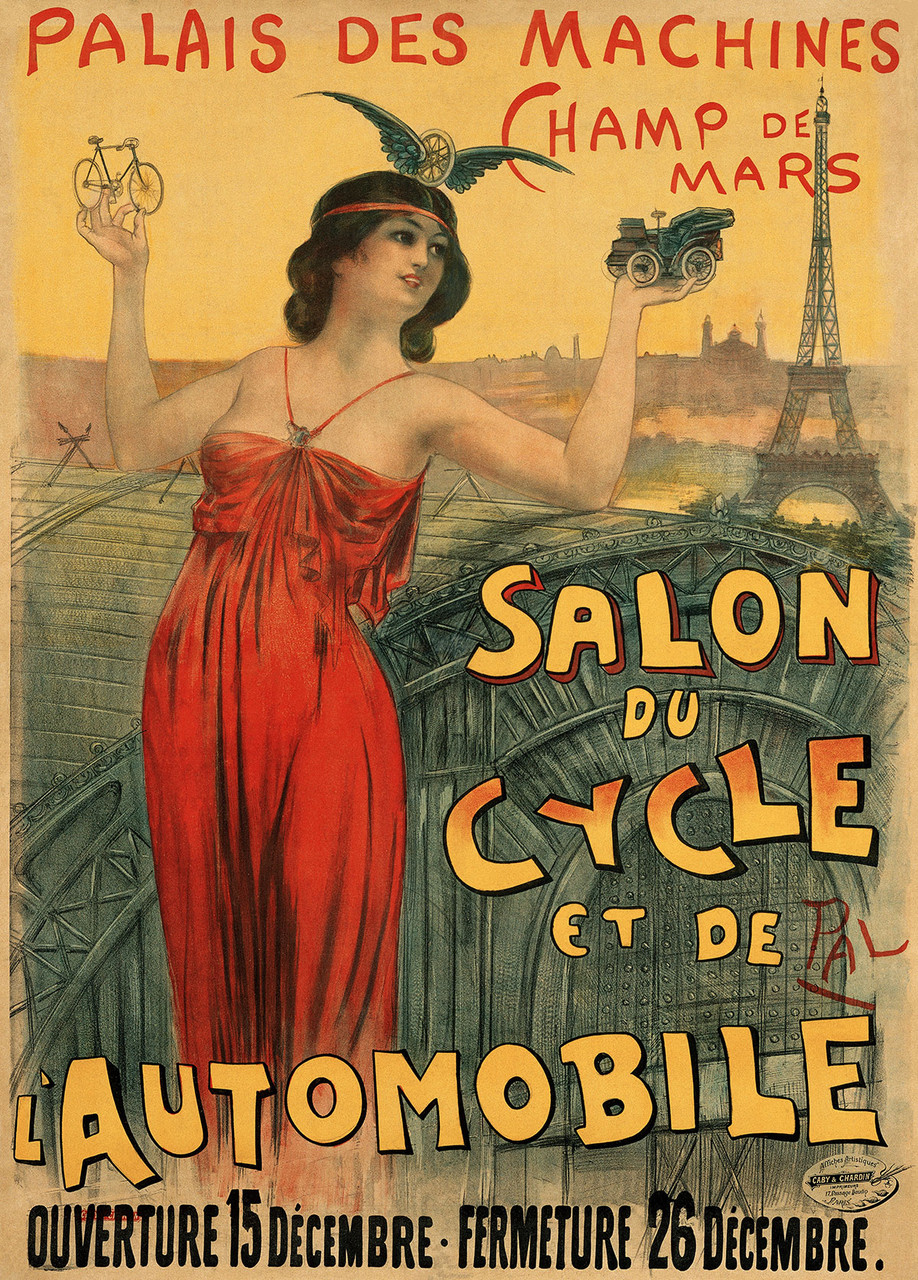 Salon Du Cycle Et De L'Automobile Vintage Poster by Pal (Jean de Paleologue) 1900 French Automobile & Bicycle Exhibition Advertisement – High Quality Giclee Reproduction Fine Art Print. Featuring a woman in a flowing red dress holding a bicycle and a car, set against a backdrop of the Eiffel Tower and the intricate ironwork of the event venue.