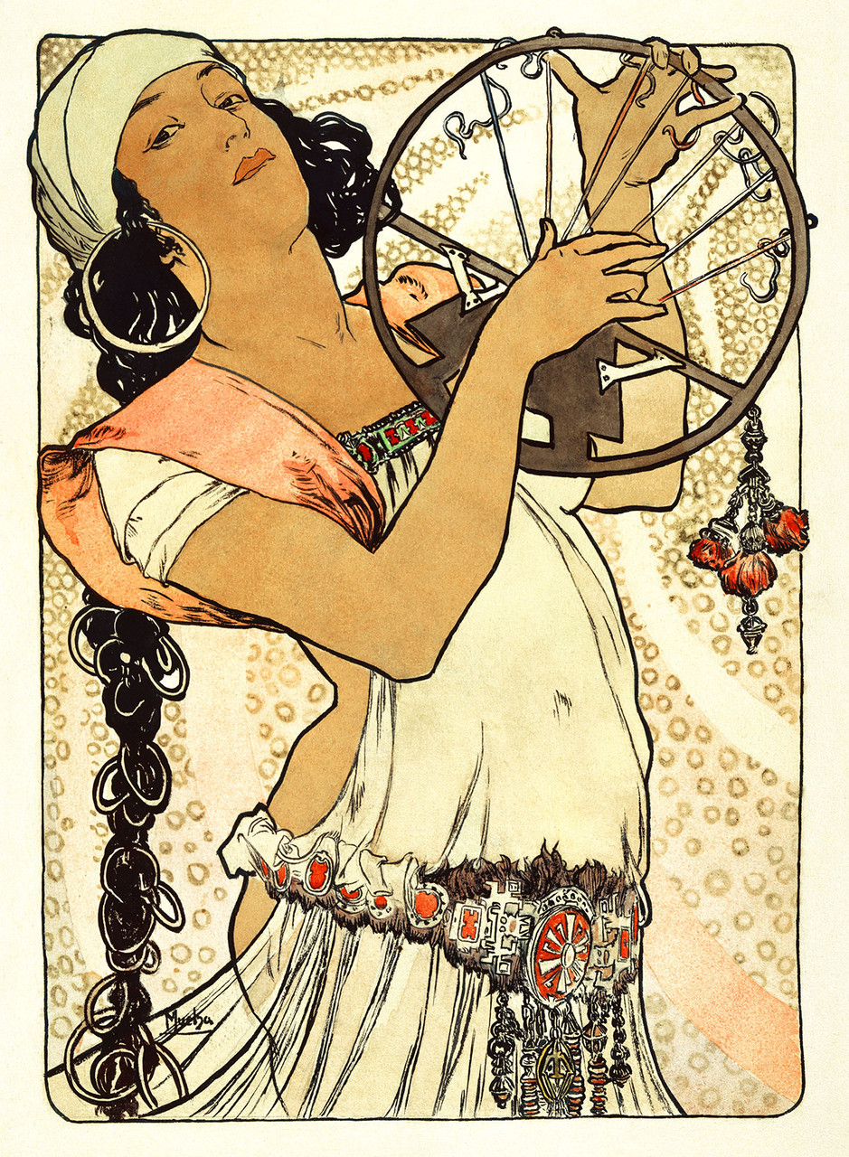 Salambo Vintage Poster by Alphonse Maria Mucha 1898 French Textile & Fashion Advertisement – High Quality Giclee Reproduction Fine Art Print. Featuring a woman in a flowing white gown playing a tambourine, with ornate jewelry and a vibrant design, set against a soft, circular pattern background.