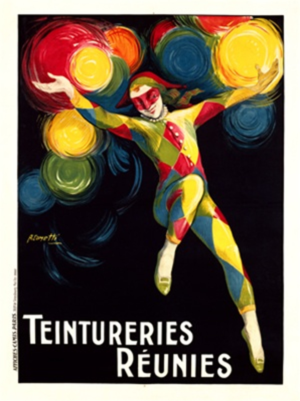 Teintureries Reunies poster by Cometti 1920 French - Beautiful Vintage Poster Reproduction. This vertical French product poster features a jester floating on a black background with colorful red, yellow and blue balls around him. Giclee Advertising Prints. Classic Posters