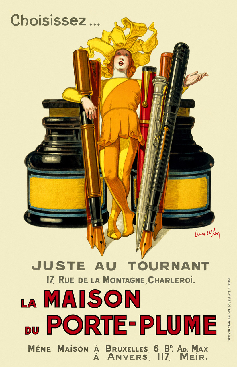 La Maison du Porte Plume poster by Jean D'Ylen 1920 Belgium - Beautiful Vintage Poster Reproduction. This vertical Belgian product poster features a jester in yellow standing between giant ink wells and fountain pens. Giclee Advertising Prints. Classic Posters