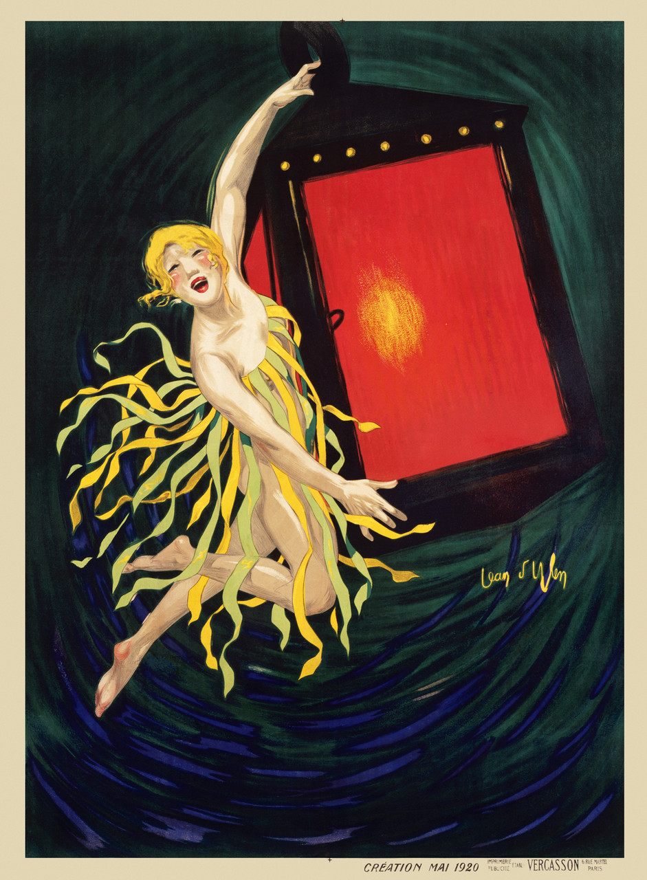 La Lantern Vintage Poster by Jean D'Ylen 1920 French Product  Advertisement – High Quality Giclee Reproduction Fine Art Print. Featuring a lively woman in a yellow and green fringe costume, suspended in motion while holding a glowing red lantern, set against a swirling dark green background.