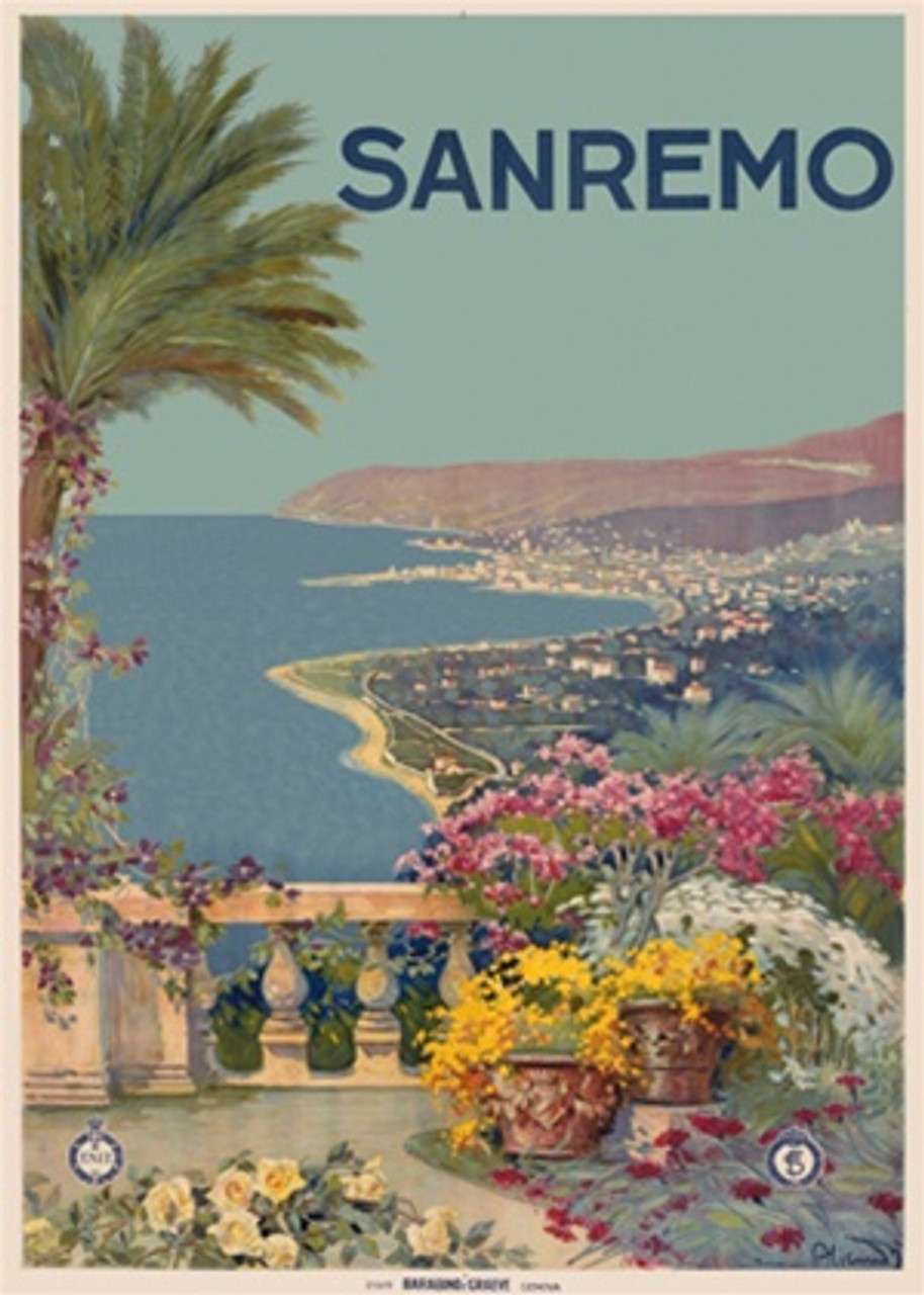 Sanremo Italy Vintage Travel Poster Reproduction. This vertical Italian  poster features a balcony with a palm tree and potted flowers overlooking the coast and a village below. Giclee Advertising Prints. Classic Posters