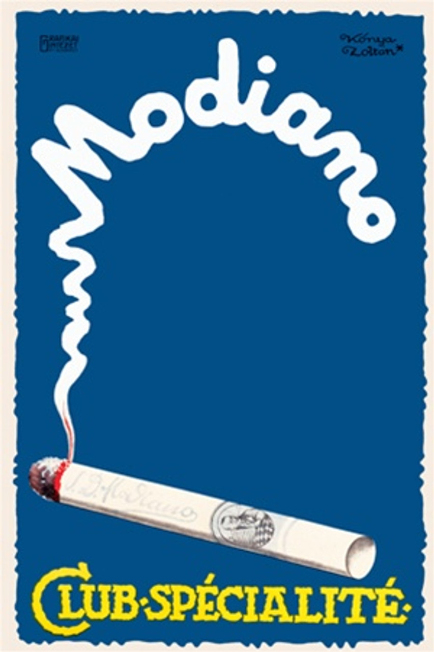 Modiano Club Specialite poster by Zoltan 1922 France - Beautiful Vintage Poster Reproduction. This vertical French product poster features a lit cigarettes with its smoke spelling Modiano on a blue background. Giclee Advertising Prints. Classic Posters