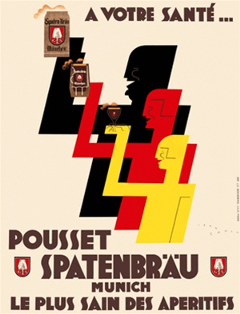 Pousset Spatenbrau Munich beer poster by Jean Carlu 1935 France - Vintage Poster Reproduction. This vertical French wine and spirits poster features 3 graphic figures in black, red and yellow holding mugs and glasses of alcohol. Giclee Advertising Prints. Classic Posters