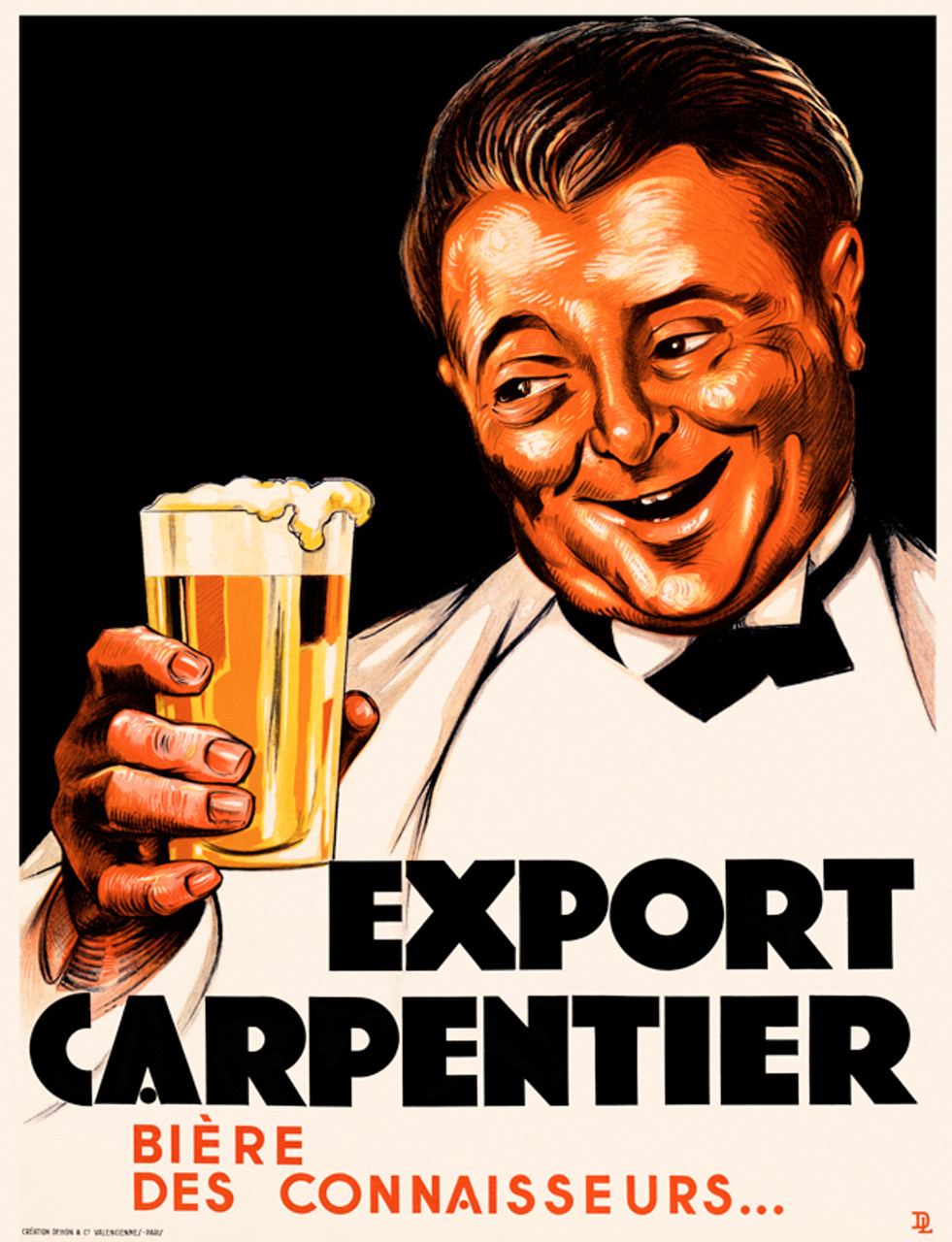 Export Carpentier Biere Vintage Poster by DL 1920 French Beer Advertisement – High Quality Giclee Reproduction Fine Art Print. Featuring a jovial man in a tuxedo holding a glass of beer with a large smile, set against a black background.