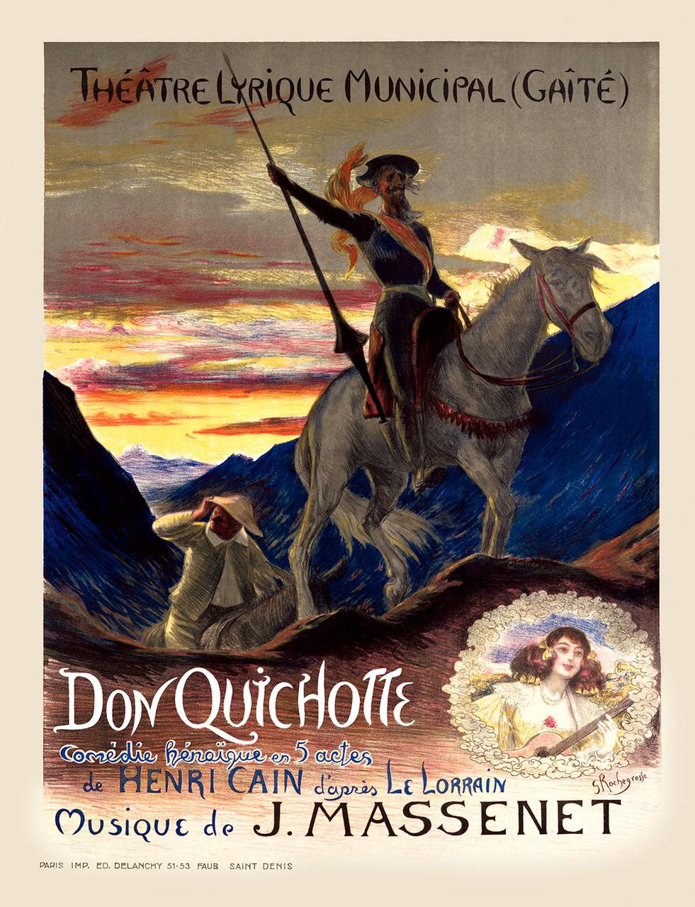 Don Quichotte Vintage Poster by Rochegrosse 1910 French Theater & Opera Advertisement – High Quality Giclee Reproduction Fine Art Print. Featuring Don Quixote riding his horse with a lance, set against a dramatic sunset background with a smaller image of Dulcinea in the corner.