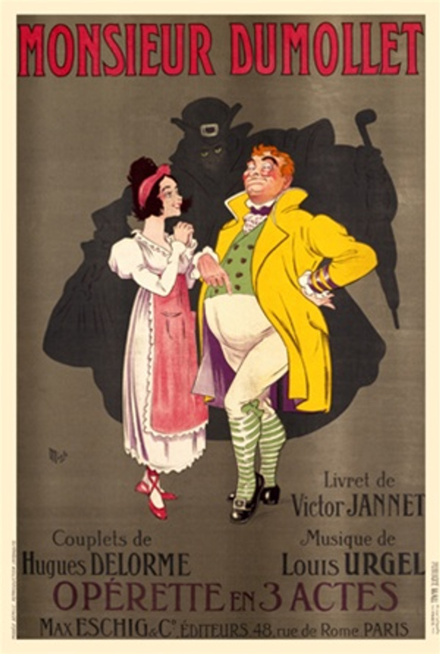 Monsieur Dumollet Operette poster by Mich 1920 France - Beautiful Vintage Poster Reproduction. This vertical French theater exhibition poster features a woman in pink and man in yellow with a shadowy figure looming behind them. Giclee Advertising Prints. Classic Posters