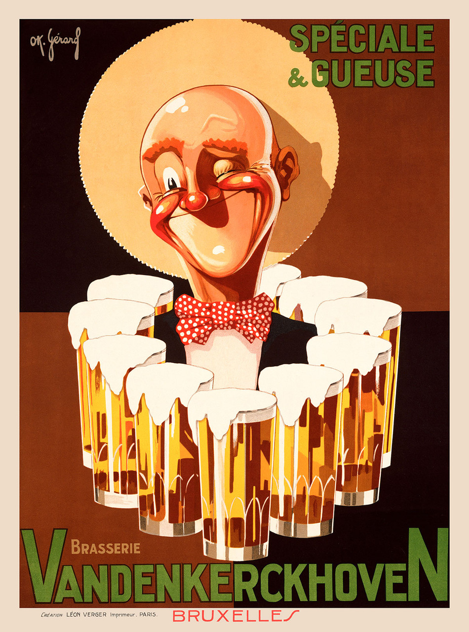 Brasserie Vandenkerckhove Vintage Poster by O.K. Gerard 1930 Belgian Beer Advertisement – High Quality Giclee Reproduction Fine Art Print. Featuring a whimsical clown with a large smiling face surrounded by several beer glasses filled with foamy beer, set against a warm, contrasting background of deep browns and oranges.