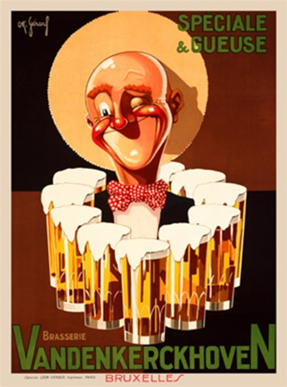 Brasserie Vandenkerckhoven poster  by OK. Gerard 1930 Belgium - Beautiful Vintage Poster Reproduction. This vertical Belgian wine and spirits poster features a smiling man in a hat and bow tie winking surrounded by glasses of beer. Giclee Advertising Prints. Classic Posters