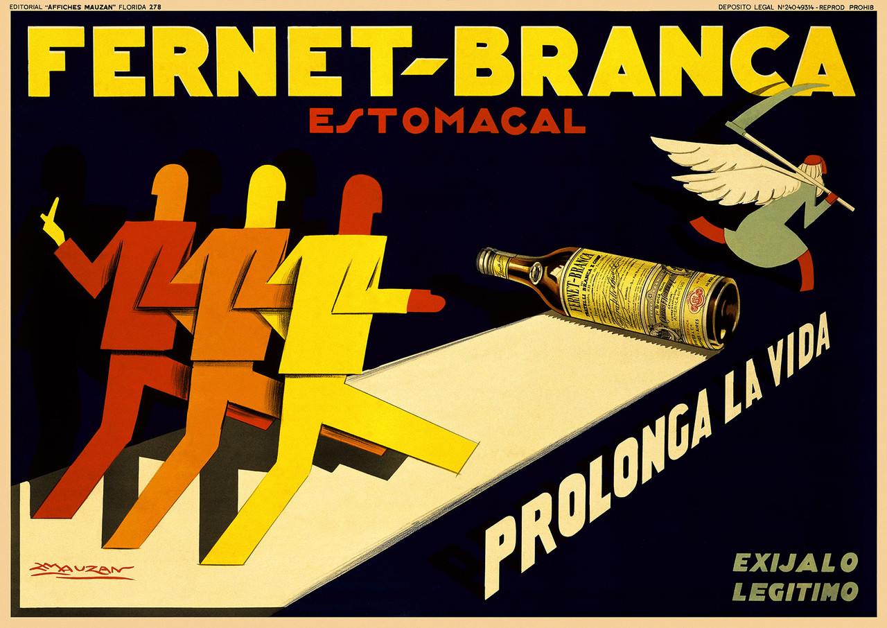 Fernet Branca Estomacal Vintage Poster by Achille Luciano Mauzan 1930 Italian Wine & Spirits Advertisement – High Quality Giclee Reproduction Fine Art Print. Featuring stylized figures of varying colors marching in line, with a bottle of Fernet-Branca liquor at the forefront, set against a dark background and an angel with a sickle soaring above. Horizontal poster. Fernet Branca Estomacal Vintage Poster by Achille Luciano Mauzan 1930 Italian Wine & Spirits Advertisement – High Quality Giclee Reproduction Fine Art Print. Featuring stylized figures of varying colors marching in line, with a bottle of Fernet-Branca liquor at the forefront, set against a dark background and an angel with a sickle soaring above. Horizontal poster.