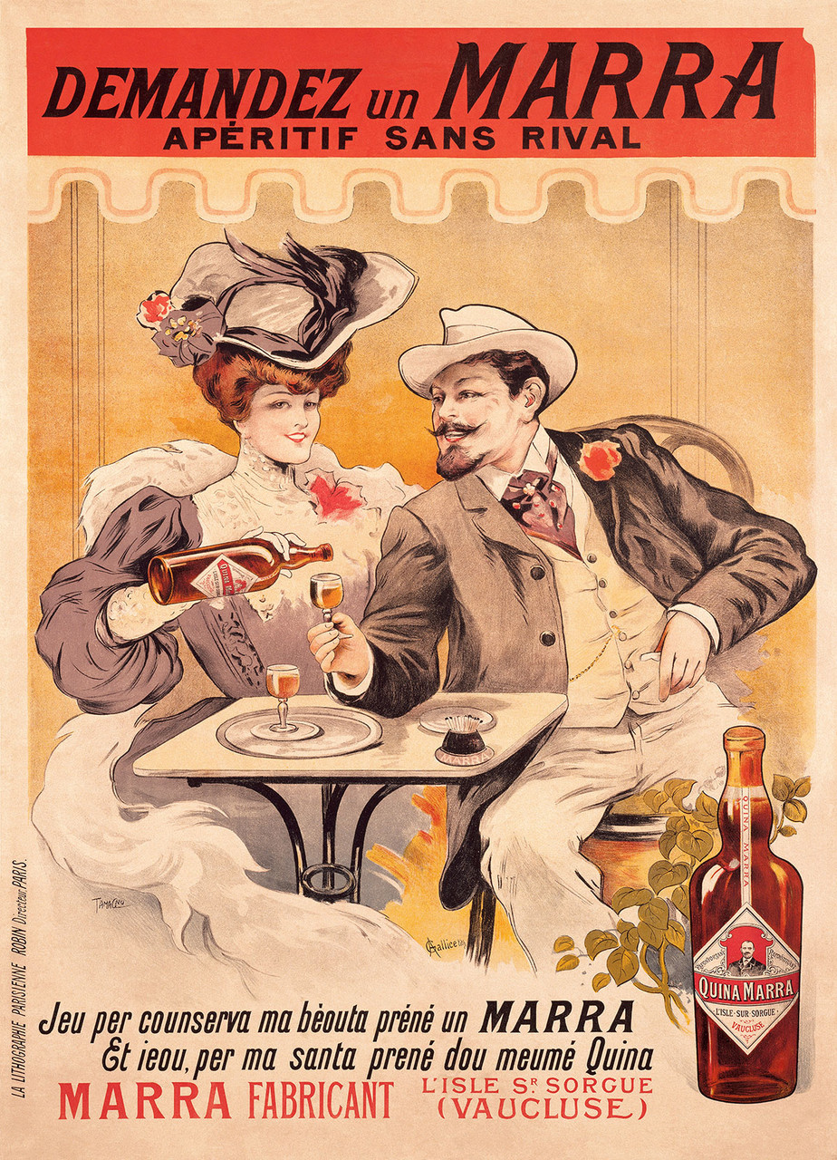 Demandez Un Marra Aperitif Vintage Poster by Francisco Tamagno 1905 French Wine & Spirits Advertisement – High Quality Giclee Reproduction Fine Art Print. Featuring a fashionable couple at a table with the woman pouring a bottle of Marra liquor into a glass, while the man holds his glass and smiles, set against a soft background of light peach and cream tones.