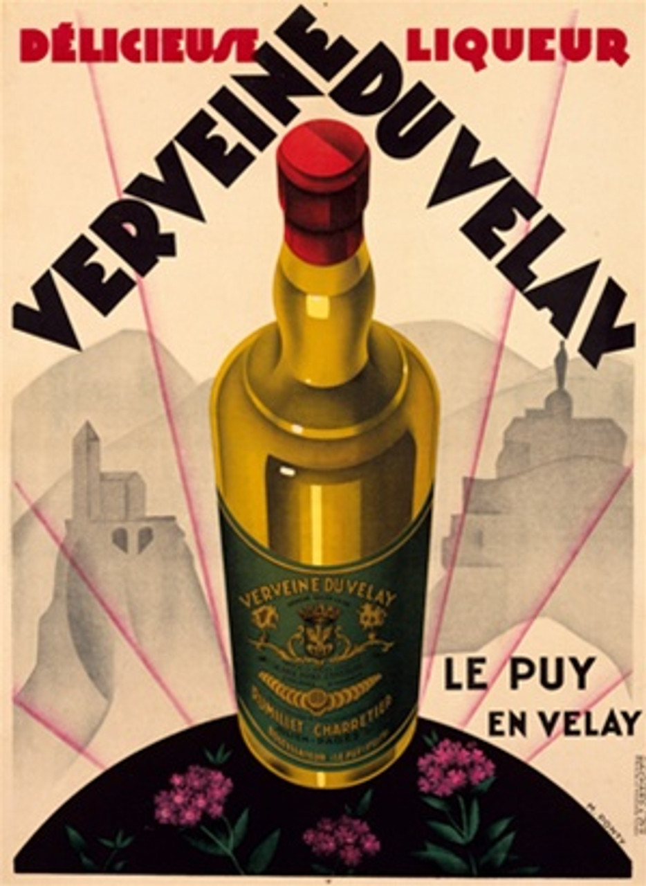 Liqueur Verveine Duvelay 1930 France - Vintage Poster Reproduction. This French wine and spirits poster features a bottle of liqueur towering over the structures in the background on a black mount with purple flowers. Giclee Advertising Prints. Classic Posters