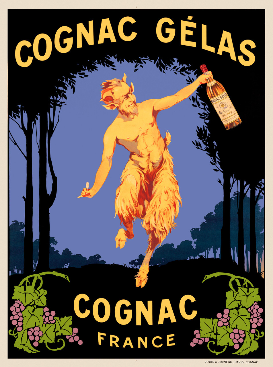 Cognac Gelas France poster by Jean D'Ylen 1910 France - Beautiful Vintage Poster Reproduction. This vertical French wine and spirits poster features a satyr (half man half goat) prancing through the forest with a bottle of alcohol. Giclee Advertising Prints. Classic Posters