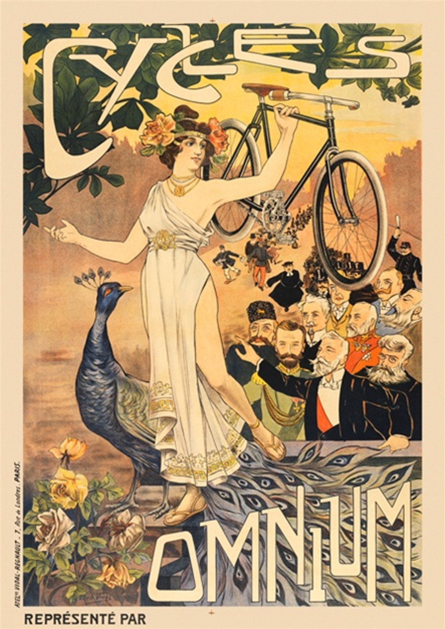 Omnium Cycles Bicycles poster  by Vidal - Beautiful Vintage Posters Reproduction. French cycles bicycles poster features a woman holding up a bicycle to a crowd of men standing by a peacock. Giclee Advertising Prints. Cycling Posters