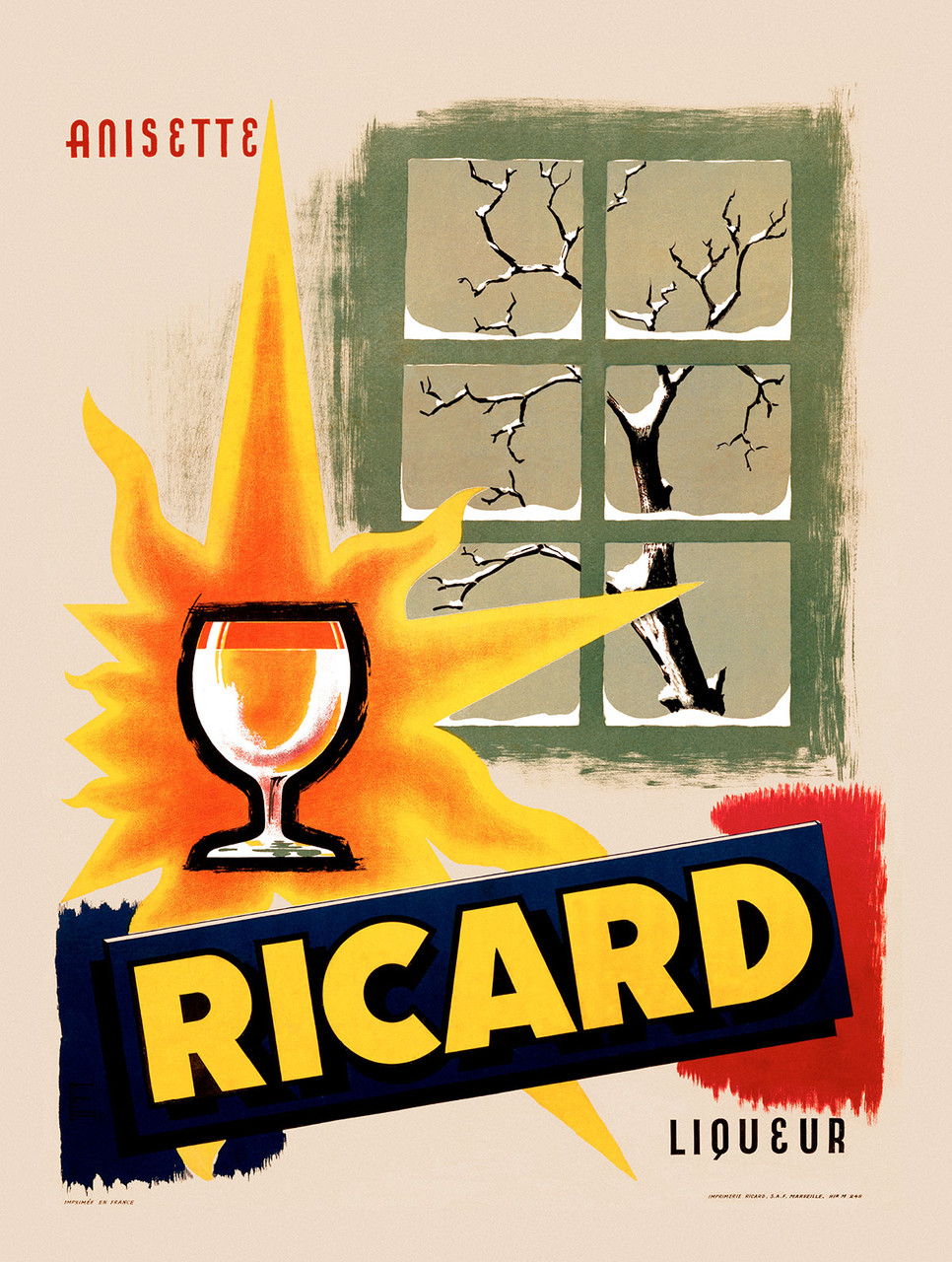 Anisette Ricard Liqueur Vintage Poster 1925 French Wine & Spirits Advertisement – High Quality Giclee Reproduction Fine Art Print. Featuring a glass of Ricard aniseed liqueur, with vibrant bursts of color around it, set against a minimalist background of a window with snow covered branches.