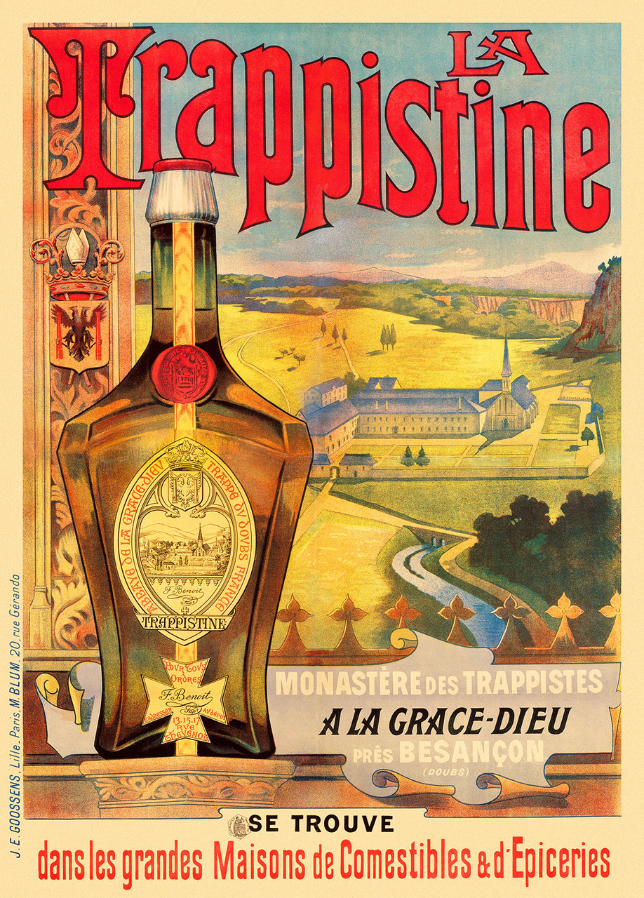 La Trappistine Monastere Des Trappistes Poster 1900 Vintage French Wine & Spirits Advertisement – High Quality Giclee Reproduction Fine Art Print. Featuring a detailed illustration of the La Trappistine liquor bottle with a scenic view of a monastery in the background, set against a soft, warm landscape with rolling hills and a distant church.