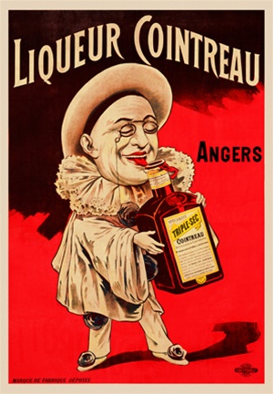 Liqueur Cointreau Triple Sec Vintage Poster 1895 French Wine & Spirits Advertisement – High Quality Giclee Reproduction Fine Art Print. Featuring a cheerful clown holding a bottle of Cointreau while smiling broadly, set against a striking red and black background.