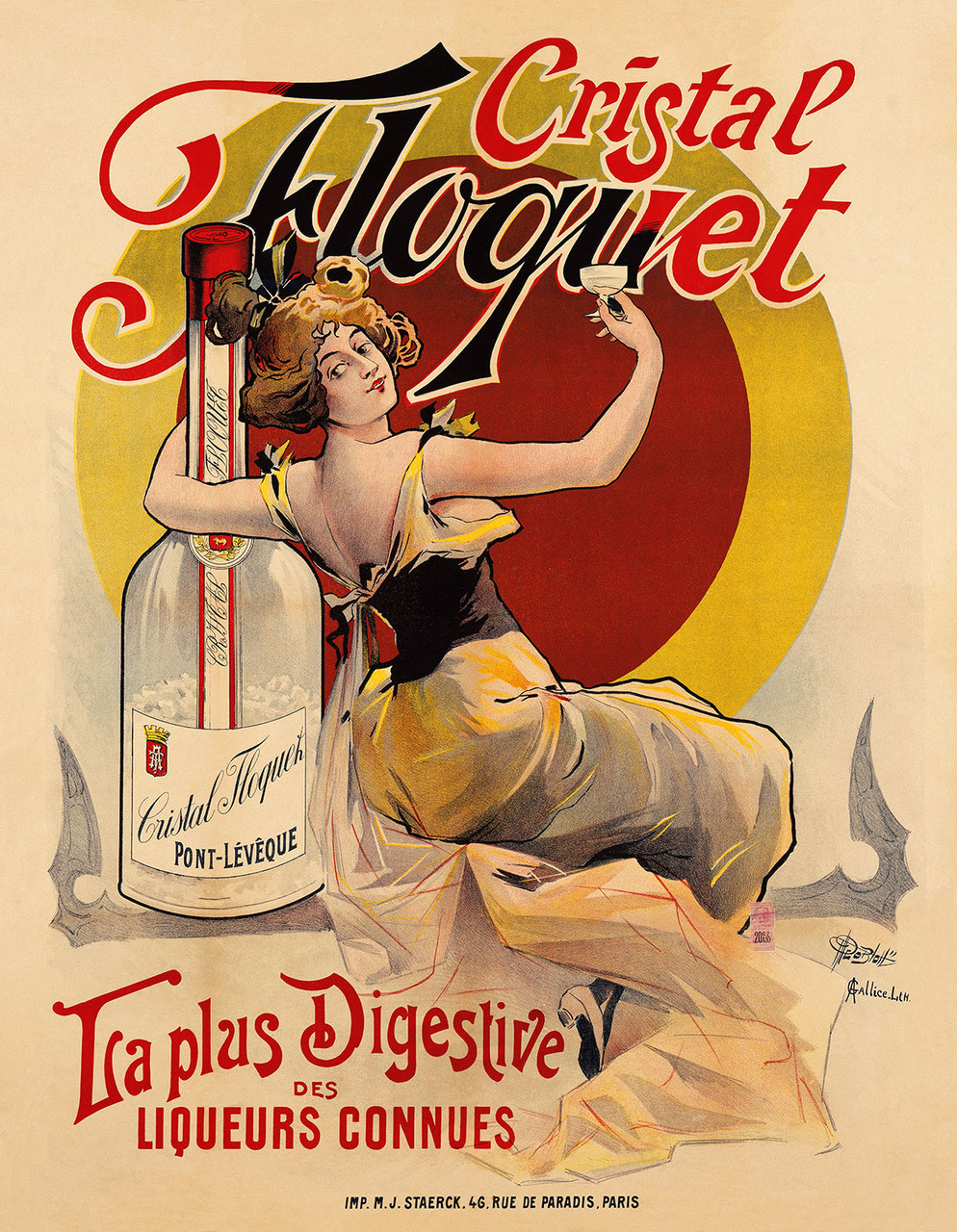 Cristal Floquet Liqueurs Digestive Vintage Poster by Geo Blott 1900 French Wine & Spirits Advertisement – High Quality Giclee Reproduction Fine Art Print. Featuring a glamorous woman in a yellow gown holding a glass of liqueur with a bottle of Cristal Cloquet beside her, set against a vibrant red and yellow circular background.