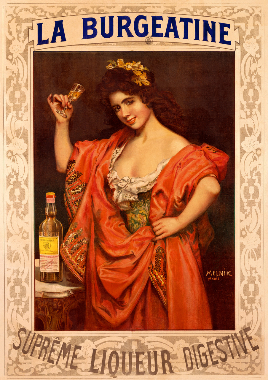 La Burgeatine Liqueur Digestive Beautiful Vintage Poster Reproduction by Melnik. This vertical French wine and spirits poster features a attractive women draped in red fabric holding up a glass inside a decorative border. Giclee Advertising Prints. Classic Posters