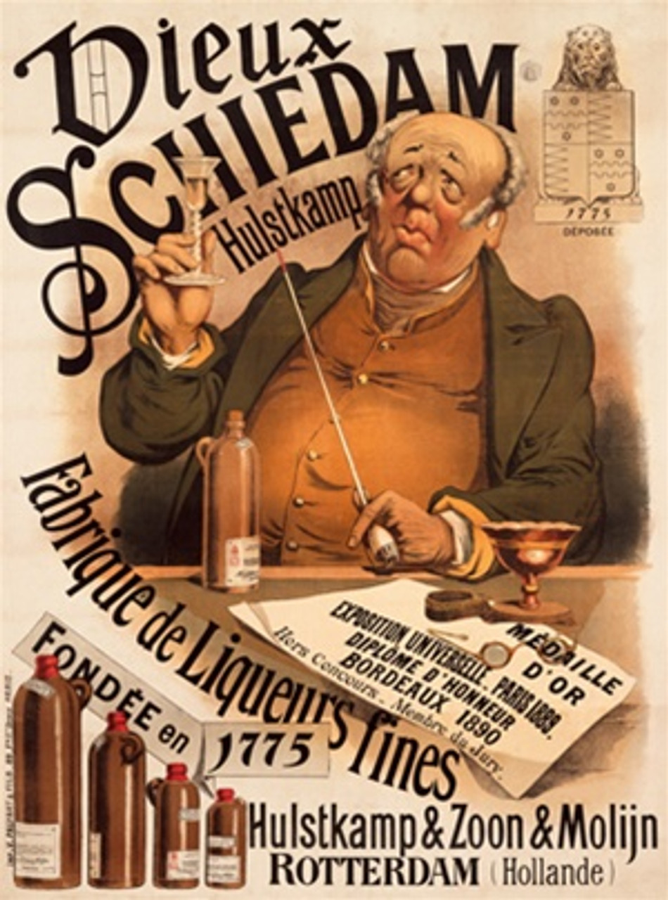 Dieux Schiedam Liqueurs Beautiful Vintage Poster Reproduction. This vertical French wine and spirits poster features a older man sitting at a table holding up his glass with a bottle in front of him. Giclee Advertising Prints. Classic Posters