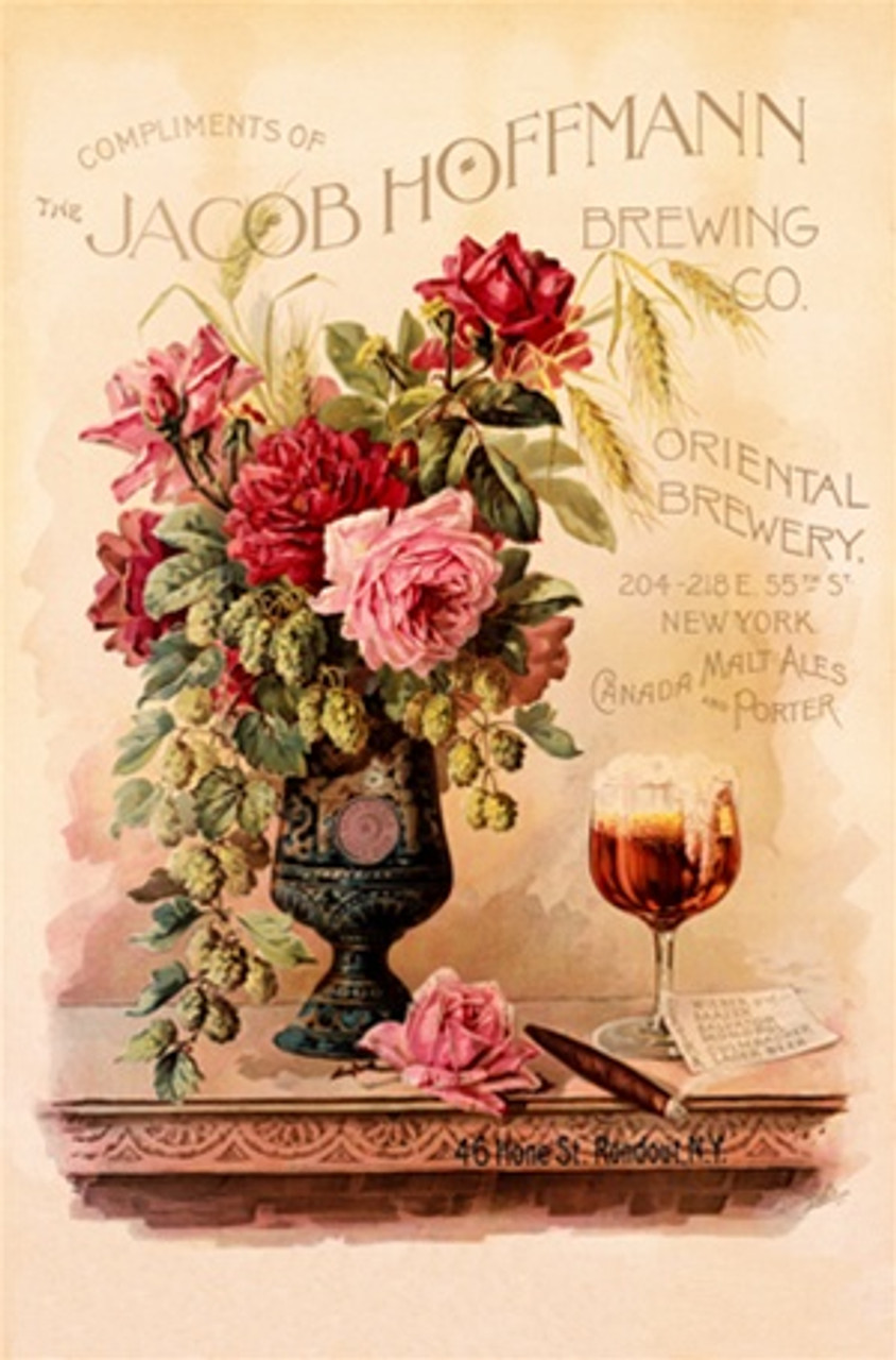 Jacob Hoffman Brewing Co. Beautiful Vintage Poster Reproduction. This vertical American wine and spirits poster features a vase of flowers next to a glass of beer with a cigar burning next to it. Giclee Advertising Prints. Classic Posters