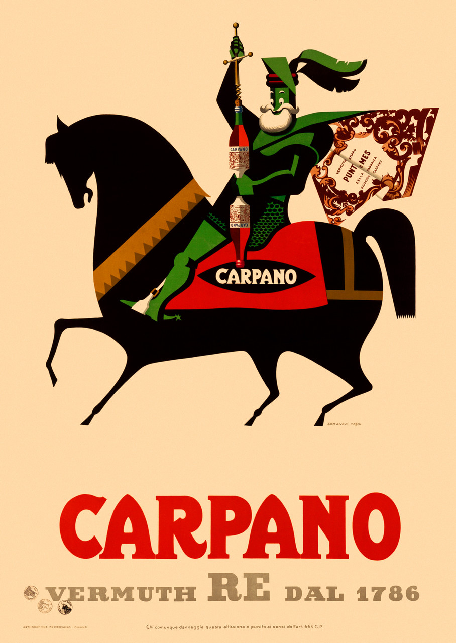 Carpano Vermuth poster by Testa 1953 Italy - Beautiful Vintage Poster Reproduction. This vertical Italian wine and spirits poster features a green knight on a black horse opening a bottle with his sword like corkscrew. Giclee Advertising Prints. Classic Posters