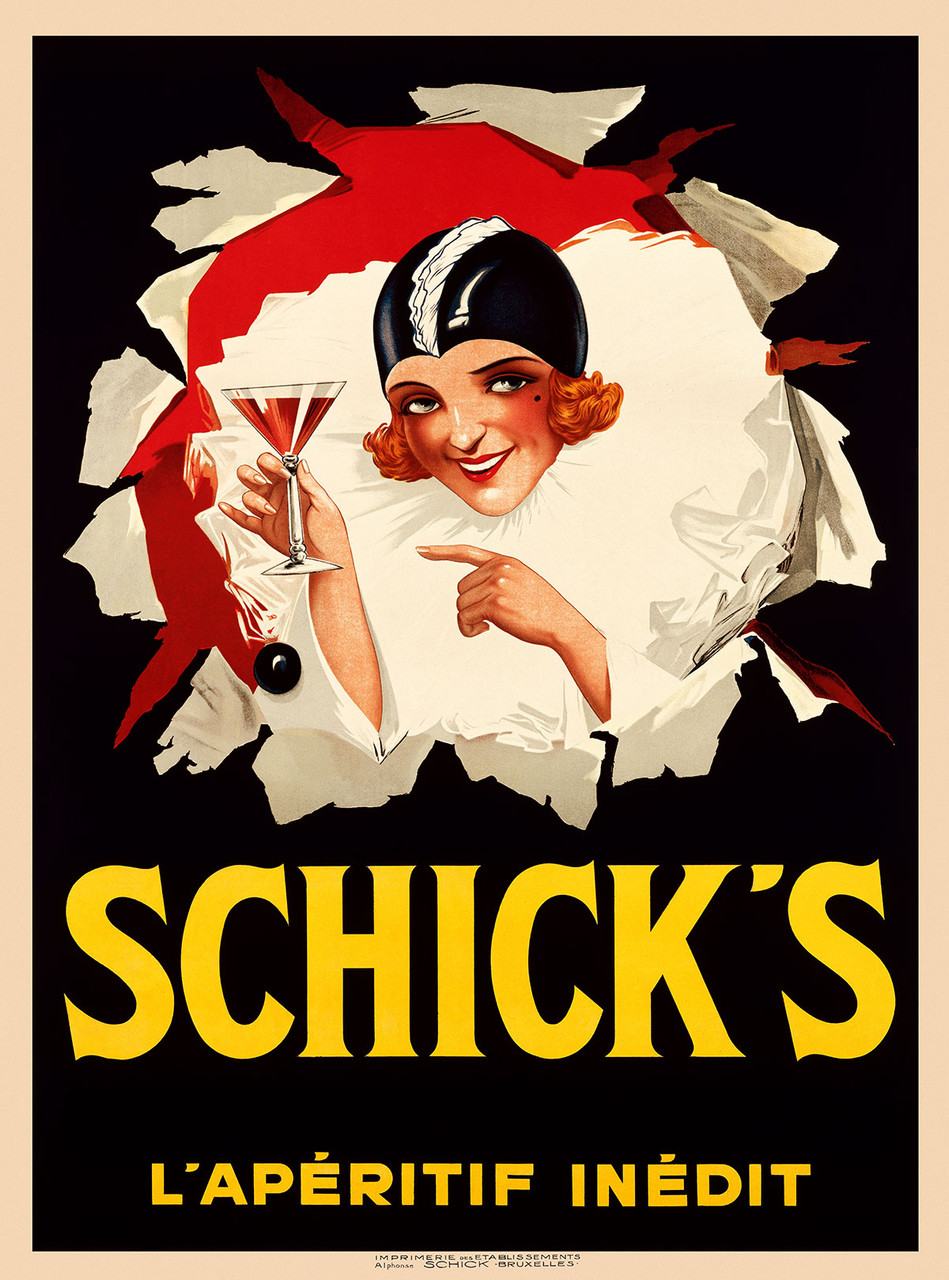 Schick's L'Aperitif Inedit Cocktail Vintage Poster 1925 Belgian Wine & Spirits Advertisement – High Quality Giclee Reproduction Fine Art Print. Featuring a cheerful woman in a vintage bathing cap, holding a martini glass with a playful expression, set against a dramatic red and black background with torn paper framing the image.