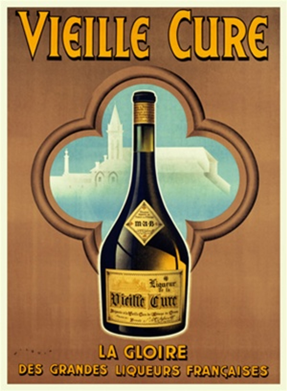 Liqueur Vieille Cure poster by Wilquin 1930's France - Vintage Poster Reproduction. This French wine and spirits poster features a bottle in front of a clover shaped window showing a white church against a blue sky. Giclee Advertising Prints. Classic Posters