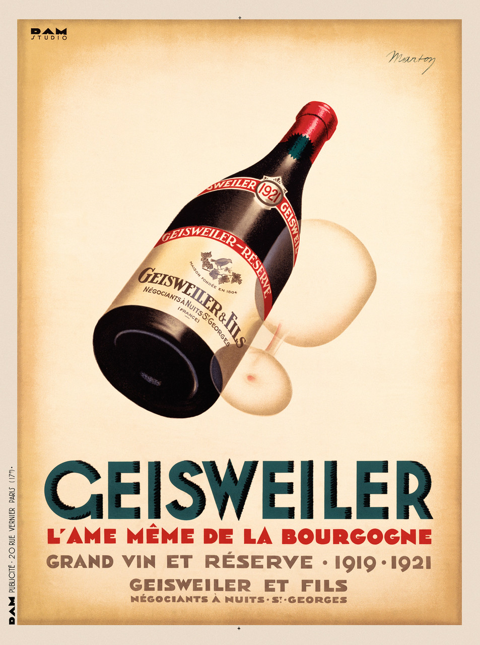 Geisweiler Grand Vin poster by Marton 1921 France - Beautiful Vintage Poster Reproduction. This French wine and spirits poster features a simple image of a bottle laying back on an angle with a ghost of a glass next to it. Giclee Advertising Prints. Classic Posters