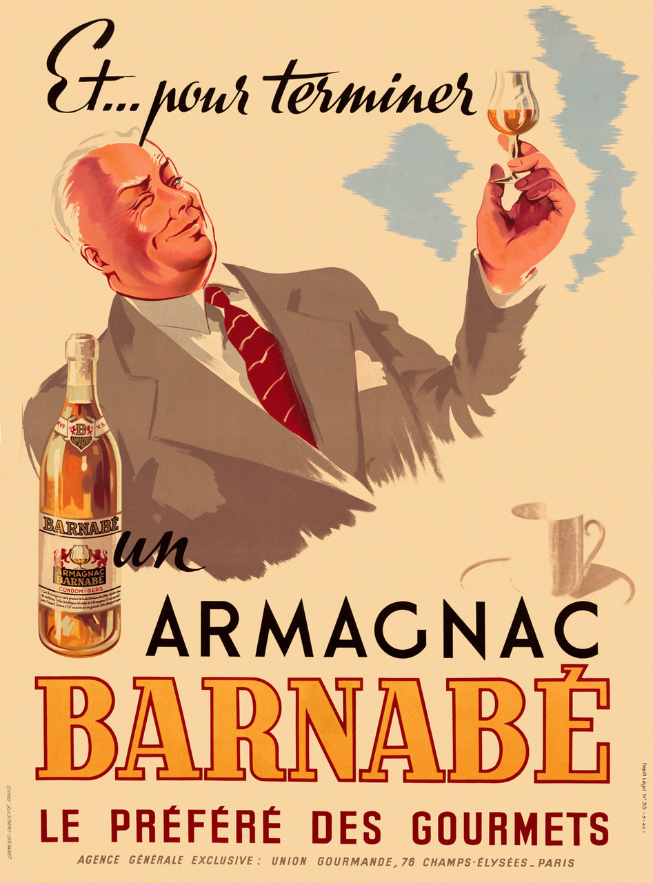Armagnac Barnabe 1945 France - Beautiful Vintage Poster Reproduction. This vertical French wine and spirits poster features a white haired man in a gray suit and red tie holding up a glass. Giclee Advertising Prints. Classic Posters