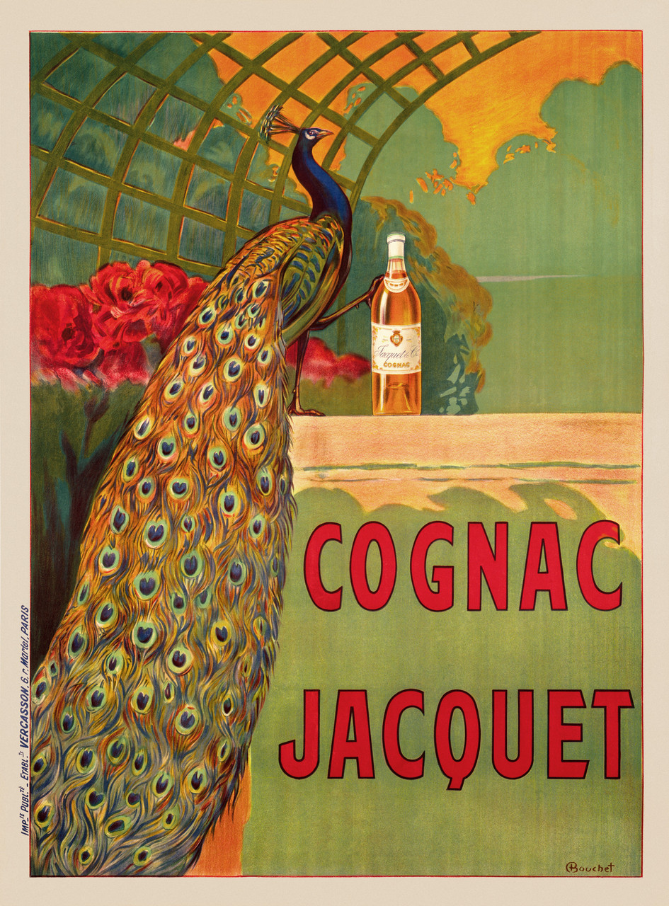 Cognac Jacquet poster by Bouchet 1908 France - Beautiful Vintage Poster Reproduction. This vertical French wine and spirits poster features a peacock in a garden with a bottle of liquor. Giclee Advertising Prints. Classic Posters