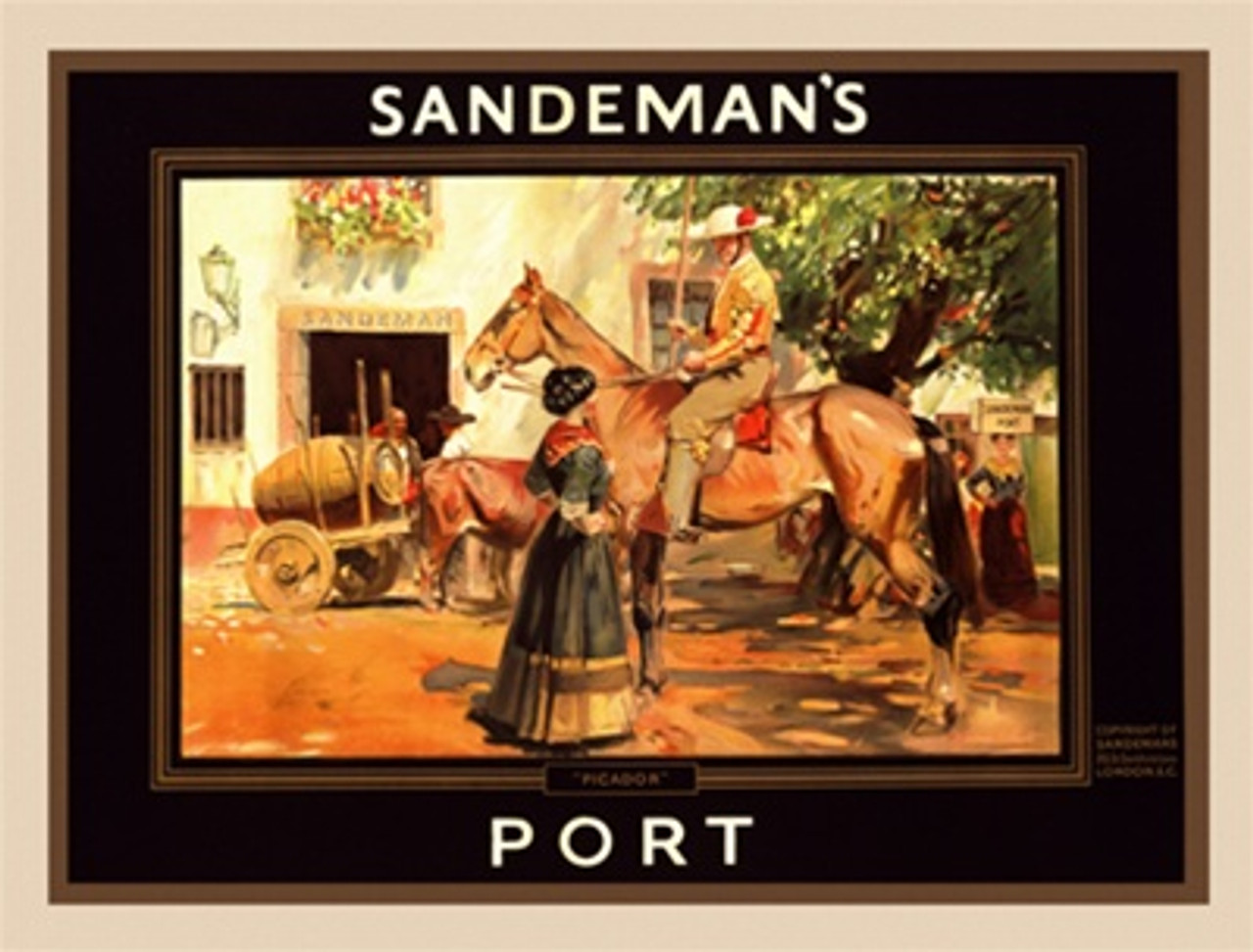 Sandeman's Port 1920 England Beautiful Vintage Poster Reproduction. English wine and spirits poster features a solder on a horse next to a woman in front of the Winery. Giclee Advertising Prints. Classic Posters