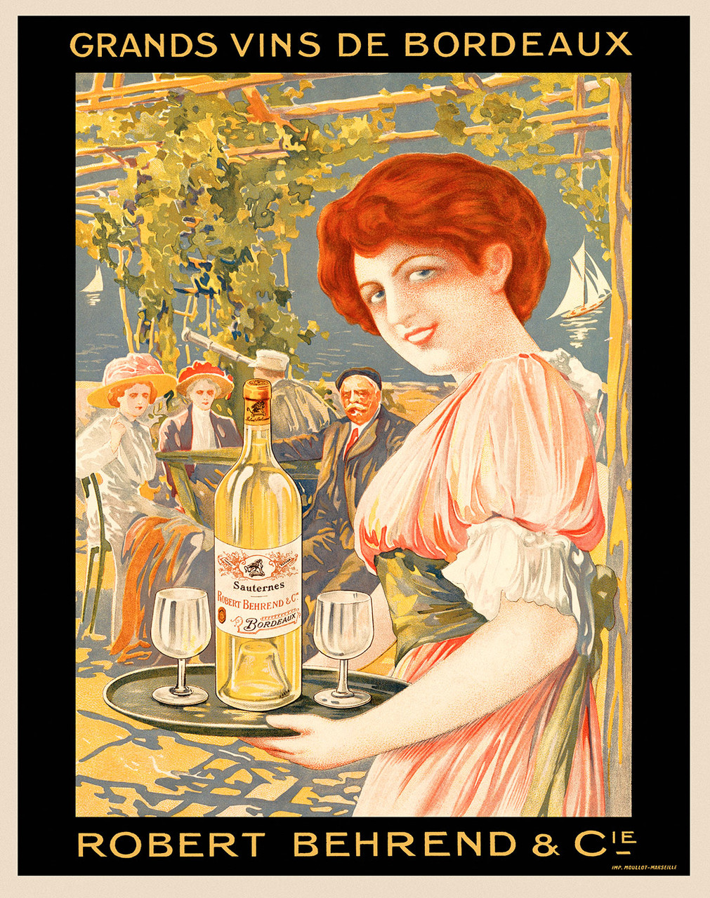 Grands Vins de Bordeaux Vintage Poster 1900 French Wine & Spirits Advertisement – High Quality Giclee Reproduction Fine Art Print. Featuring a charming woman in a pastel pink dress, holding a tray with a wine bottle and glasses, while an elegant outdoor scene with people dining and sailing boats fills the background.