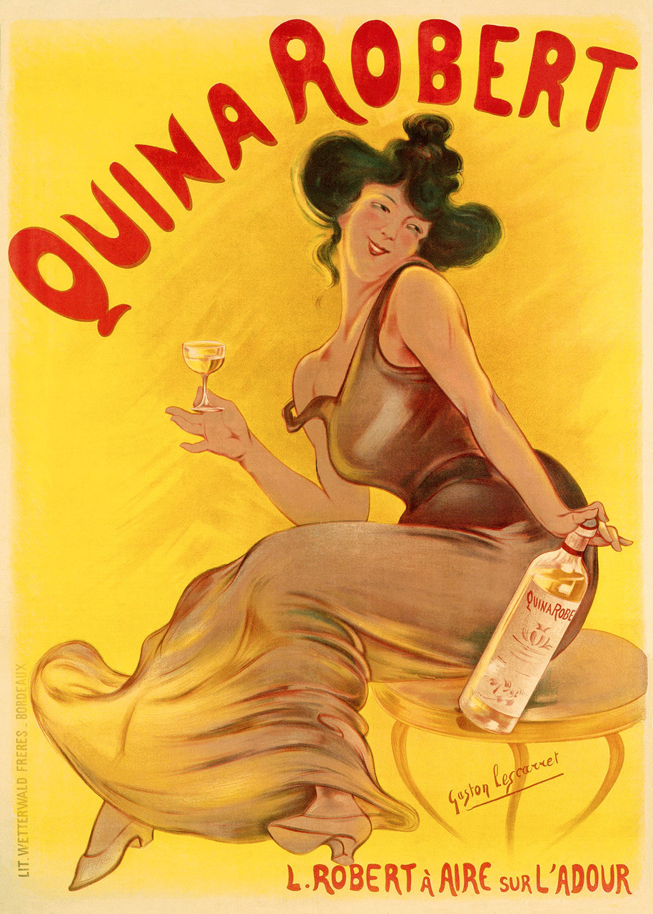 Quina Robert Liquor Vintage Poster by Gaston Lescarret 1900 French Wine & Spirits Advertisement – High Quality Giclee Reproduction Fine Art Print. Featuring a sitting glamorous woman in a flowing dress, holding a glass in one hand and a bottle of Quina Robert in the other, set against a light yellow background.
