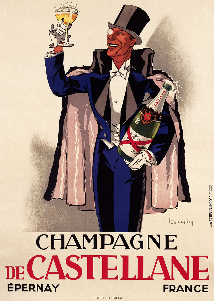 Champagne de Castellane Vintage Poster by Leon Dupin 1931 French Wine & Spirits Advertisement – High Quality Giclee Reproduction Fine Art Print. Featuring a dapper man in a tuxedo, smiling while holding a champagne glass in one hand and a bottle of Champagne de Castellane in the other, set against a light background.