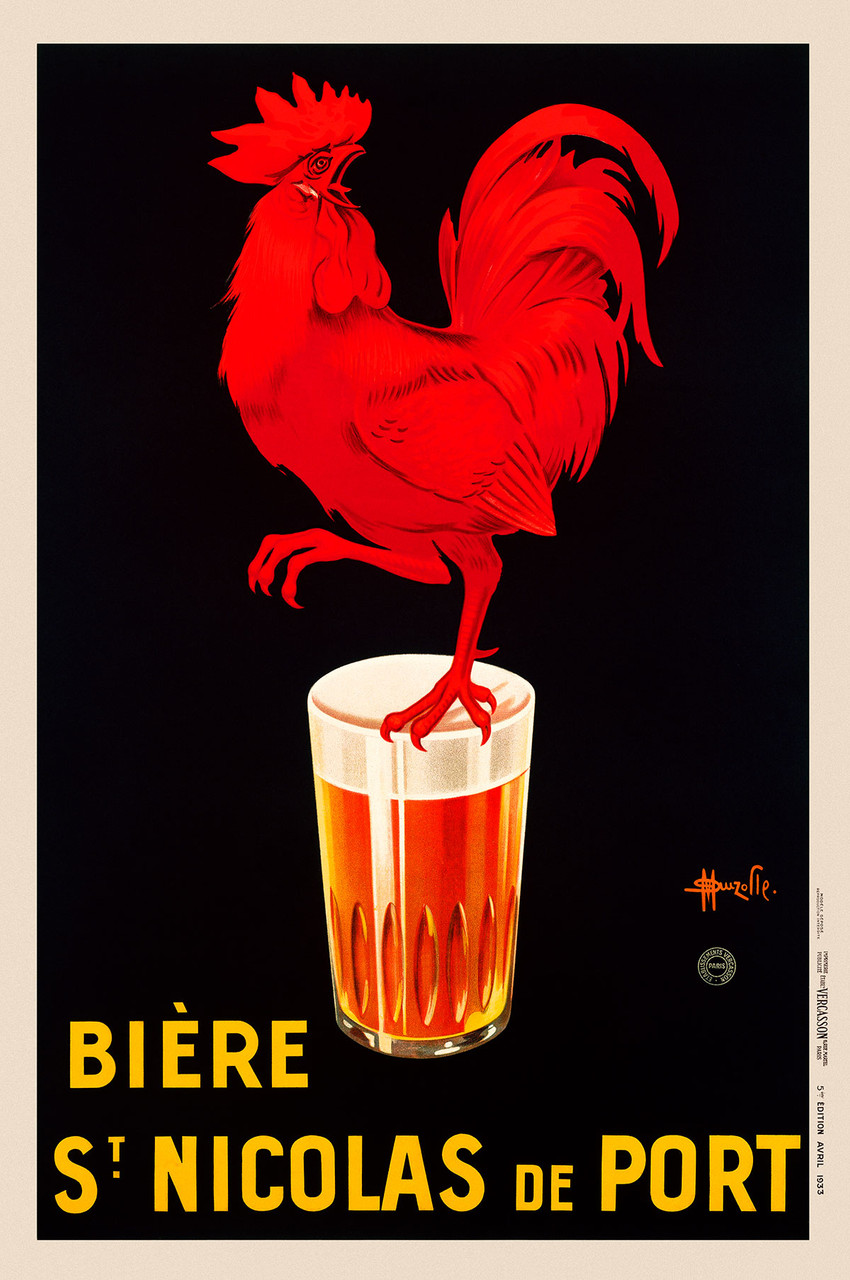 Biere St. Nicolas De Port Vintage Poster by Marcellin Auzolle 1933 French Beer Advertisement – High Quality Giclee Reproduction Fine Art Print. Featuring a striking red rooster perched on top of a tall glass of beer, set against a black background.