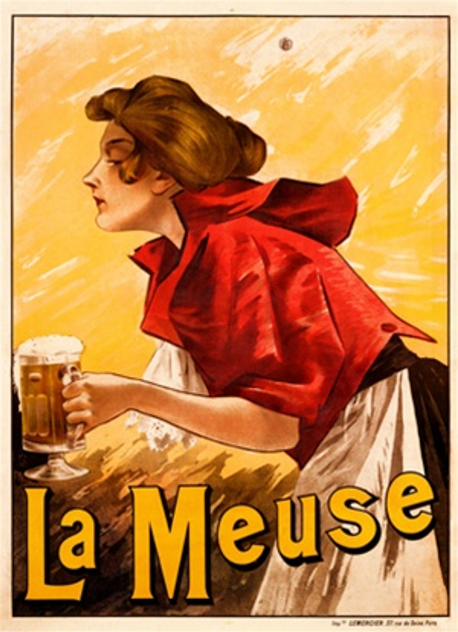 La Meuse Beer poster by Imp. Mercier 1901 France - Beautiful Vintage Poster Reproduction. This French wine and spirits poster features barmaid in a red jacket and white apron delivering a mug of beer against a yellow background. Giclee Advertising Print. Fine Art Posters