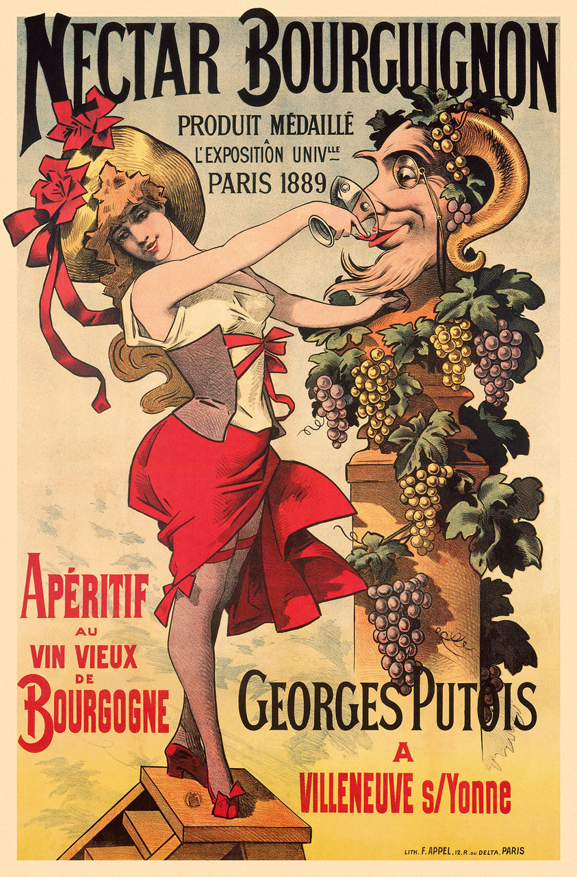 Nectar Bourguignon Aperitif au Vin Vintage Poster 1900 French Wine & Spirits Advertisement – High Quality Giclee Reproduction Fine Art Print. Featuring a woman in a white corset and red skirt, gracefully holding a glass of wine towards the smiling figure of Bacchus, the god of wine, surrounded by lush clusters of grapes.